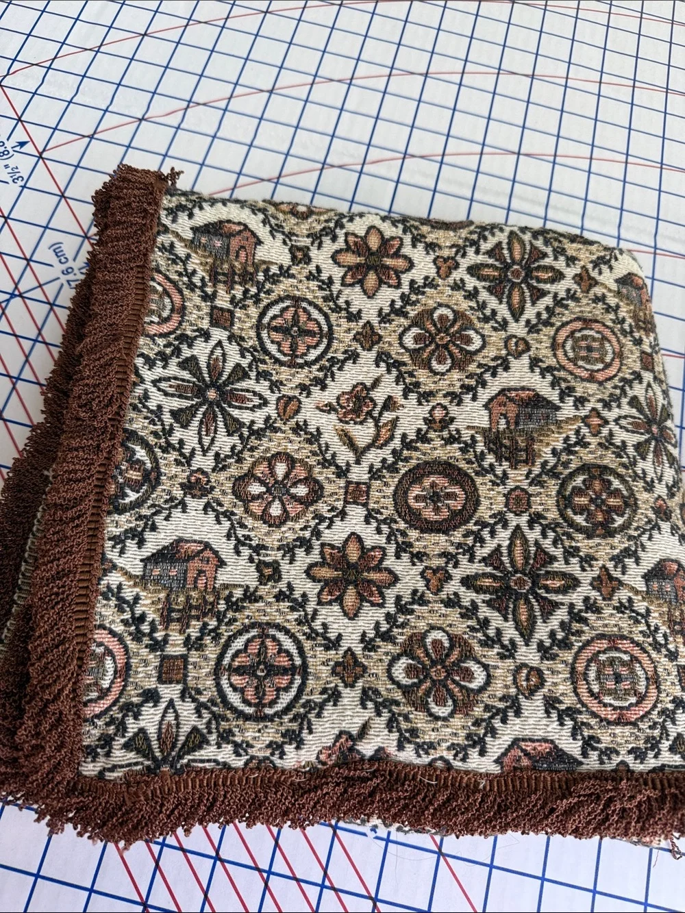 Vintage Folk Art Jacquard Woven Throw Lap Blanket Barn Floral Fringe 50x40